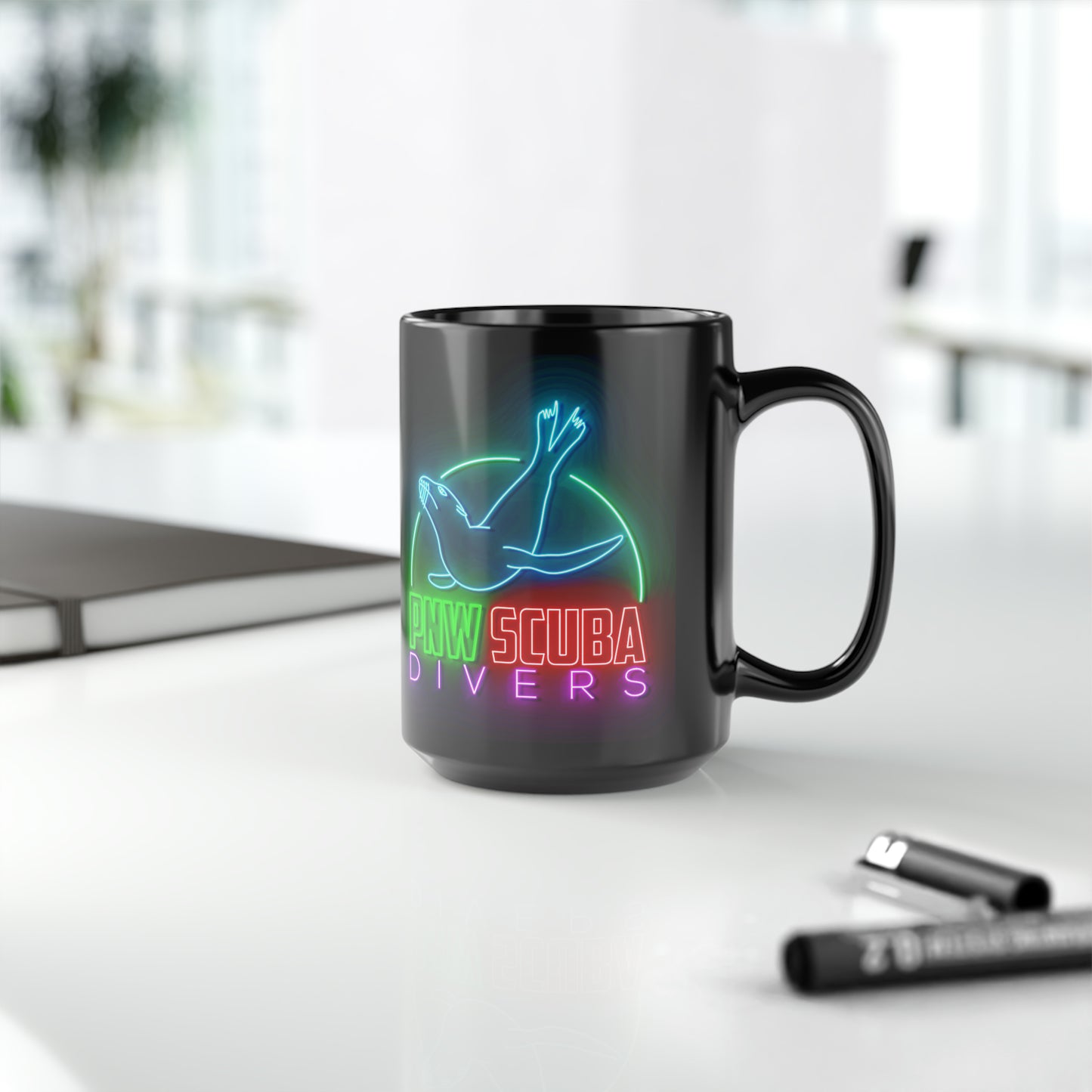 Neon PNW Seal Logo Black Mug, 15oz