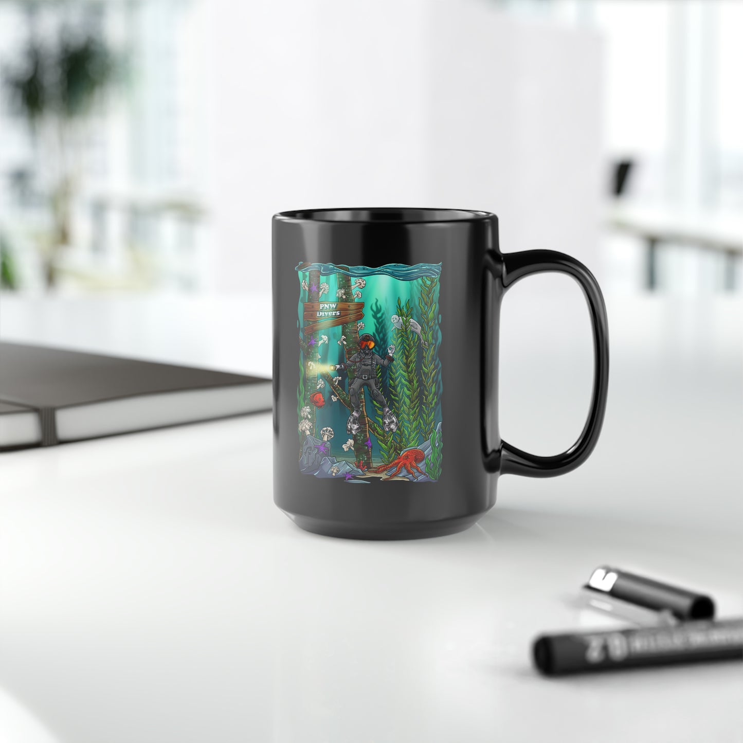 PNW Diver w/Nudi Black Mug, 15oz