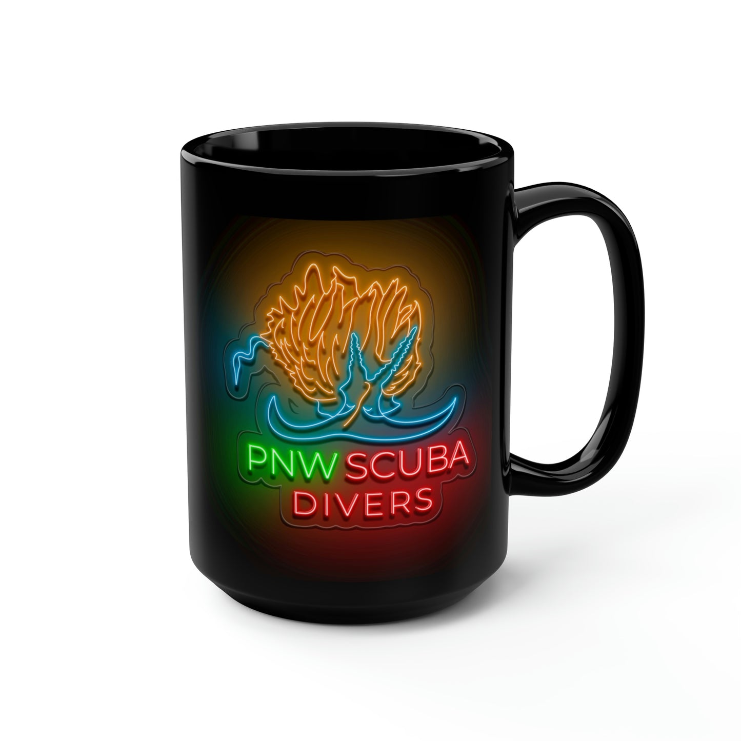 Neon PNW Nudi Logo Black Mug, 15oz