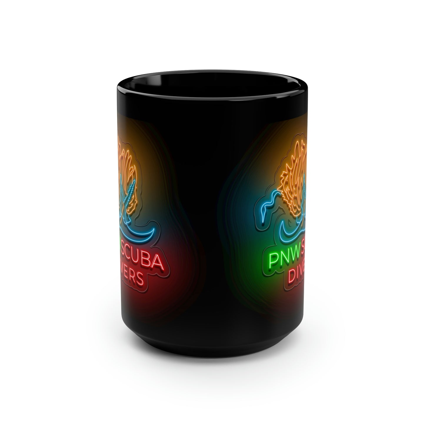 Neon PNW Nudi Logo Black Mug, 15oz