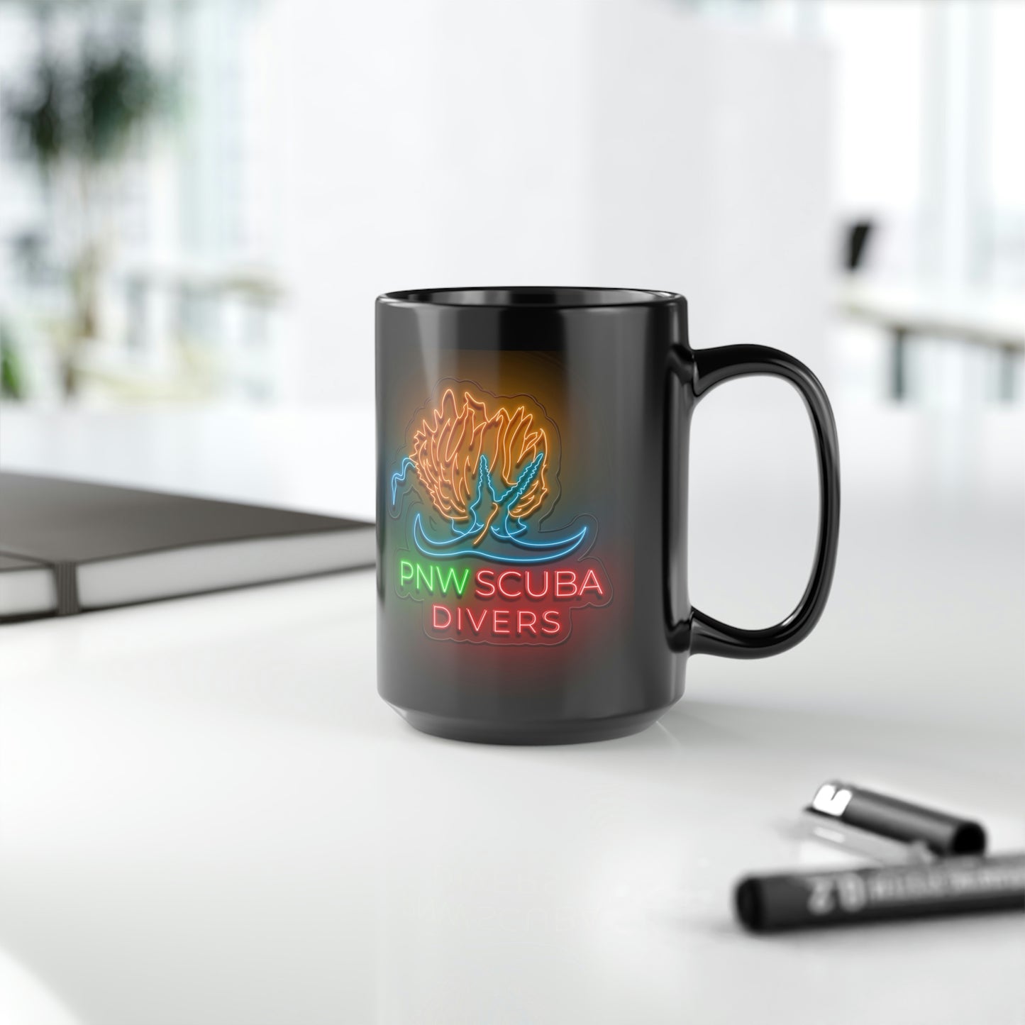 Neon PNW Nudi Logo Black Mug, 15oz