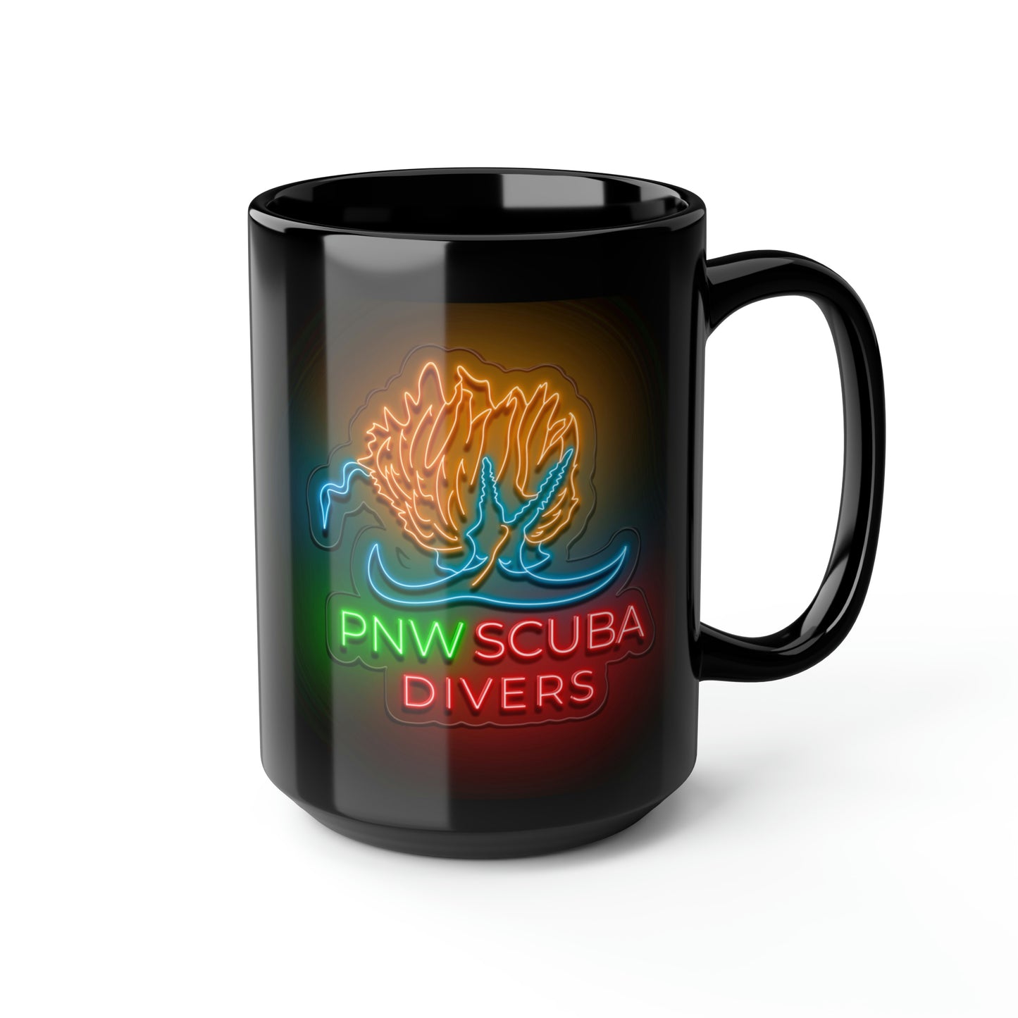 Neon PNW Nudi Logo Black Mug, 15oz