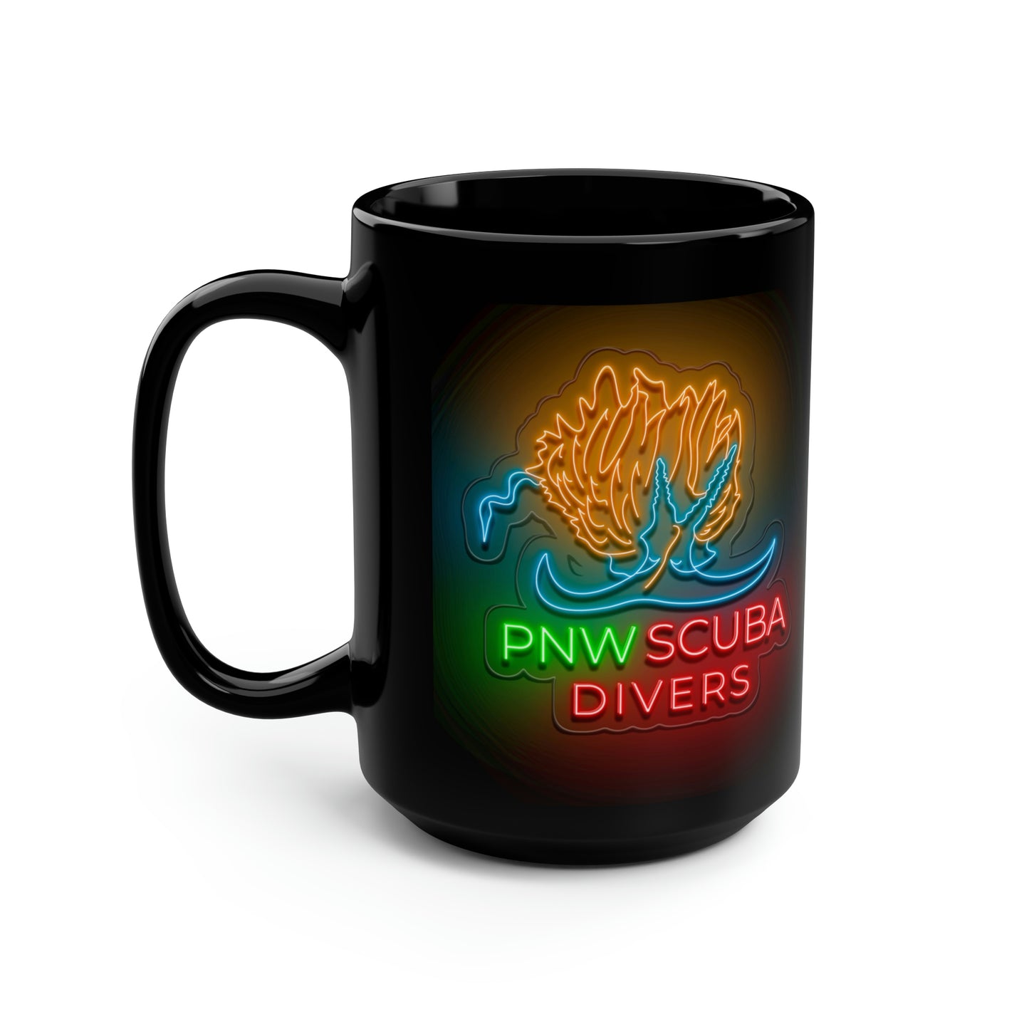 Neon PNW Nudi Logo Black Mug, 15oz