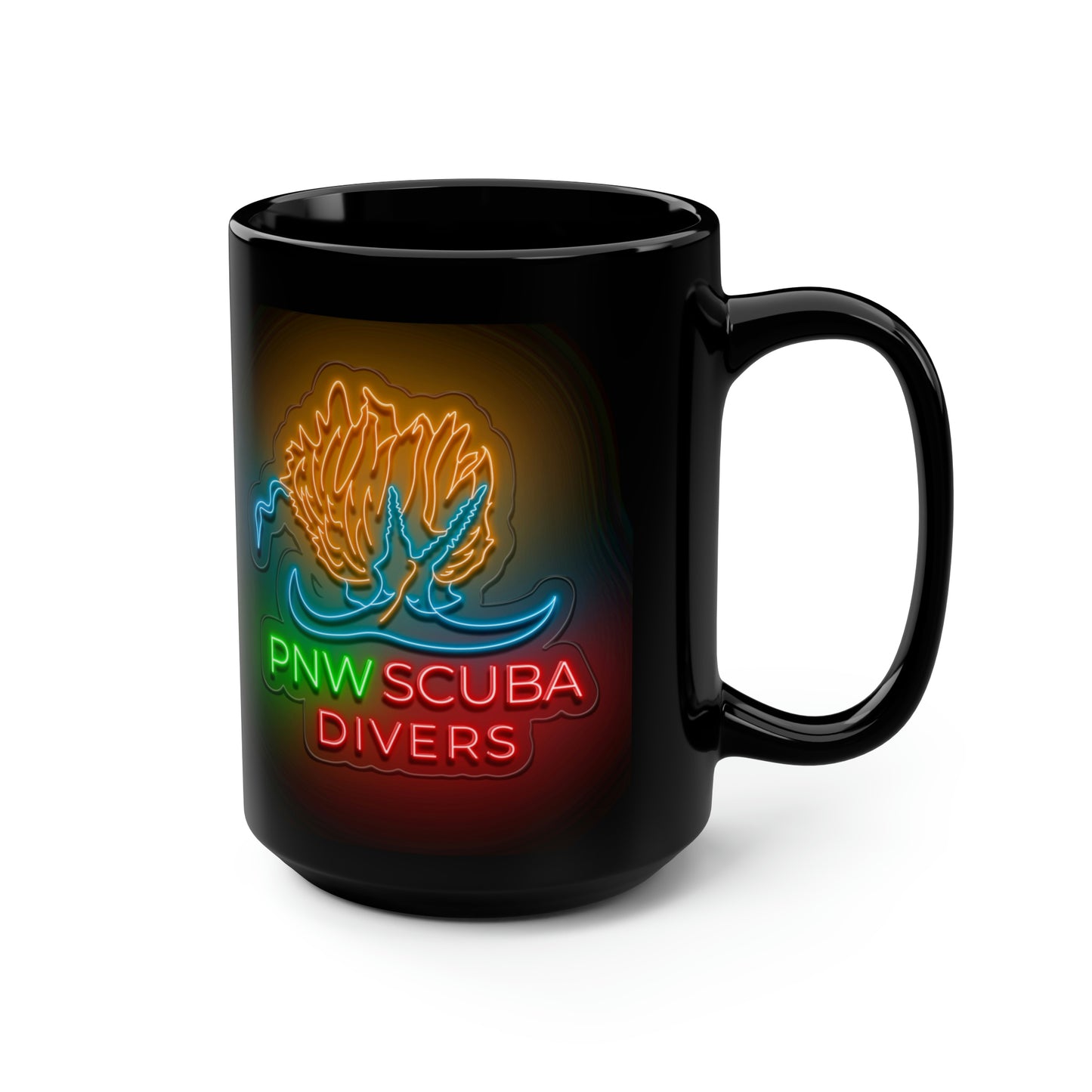 Neon PNW Nudi Logo Black Mug, 15oz