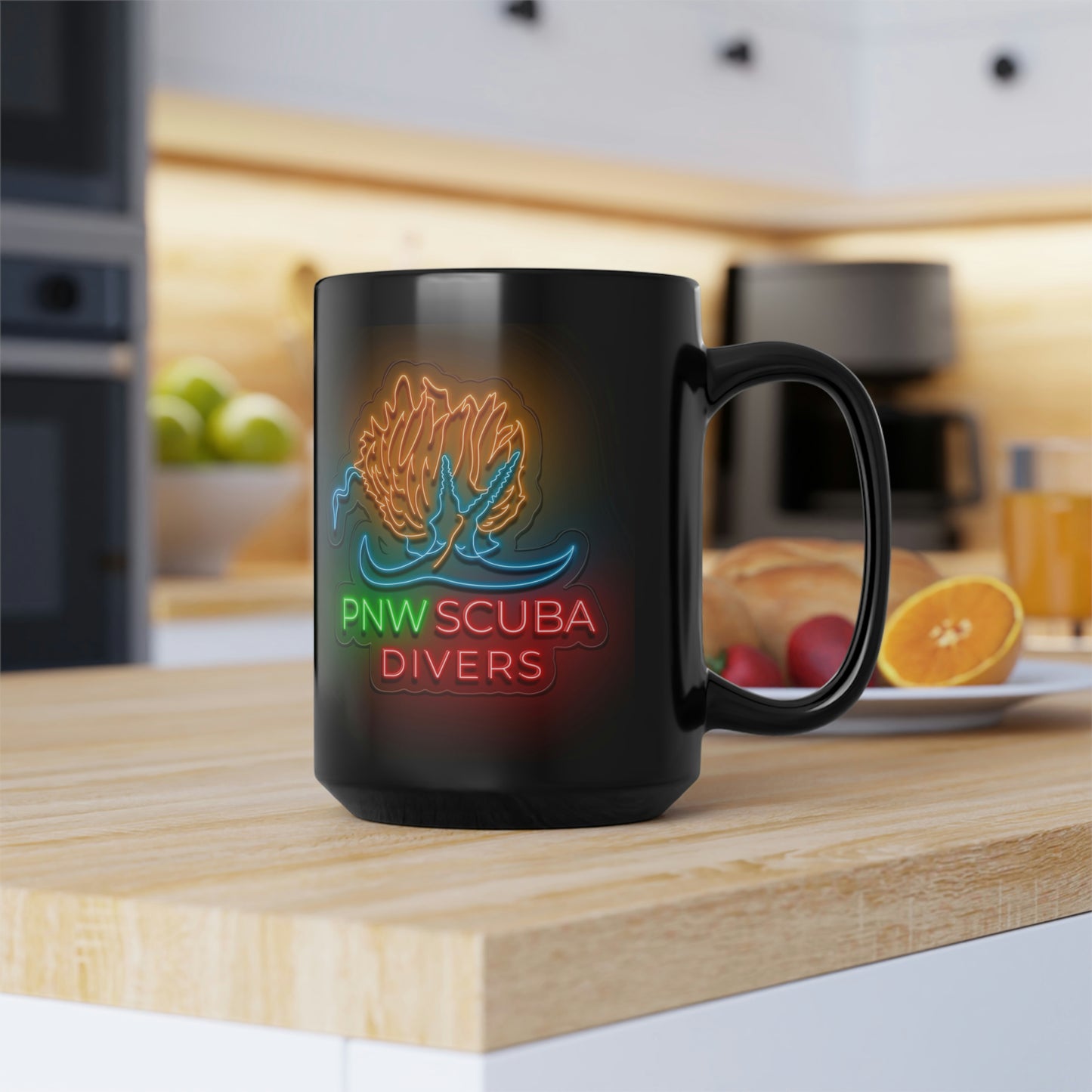 Neon PNW Nudi Logo Black Mug, 15oz